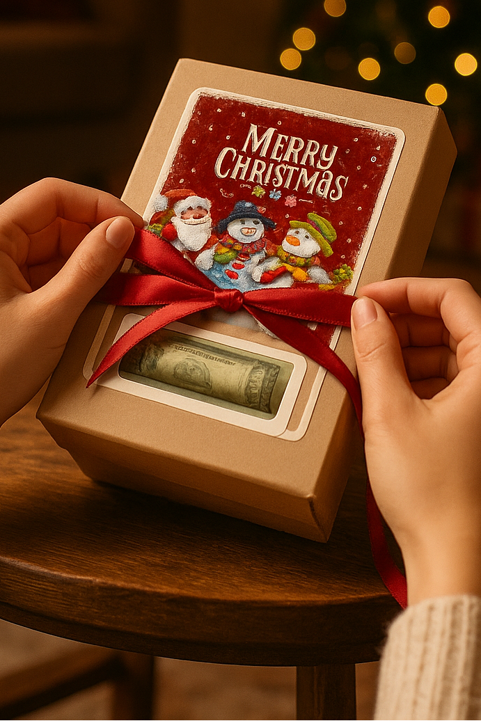 Person holding a gift box with a 'Merry Christmas' design, surrounded by festive lights.