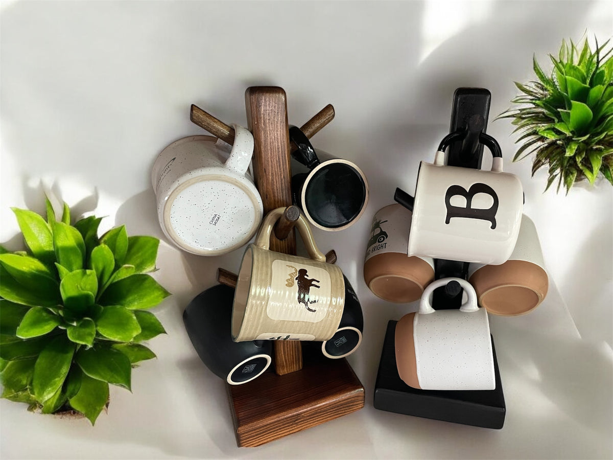 A wooden coffee cup holder stand with multiple cups placed on it, displayed.