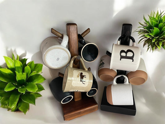 A wooden coffee cup holder stand with multiple cups placed on it, displayed.