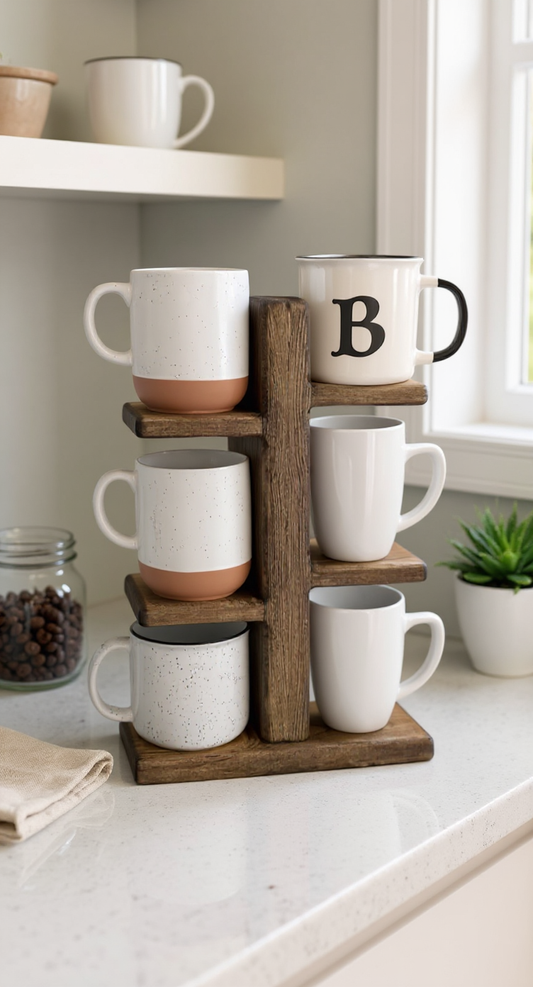 Set of mugs on a wooden stand with  mugs in a kitchen setting.