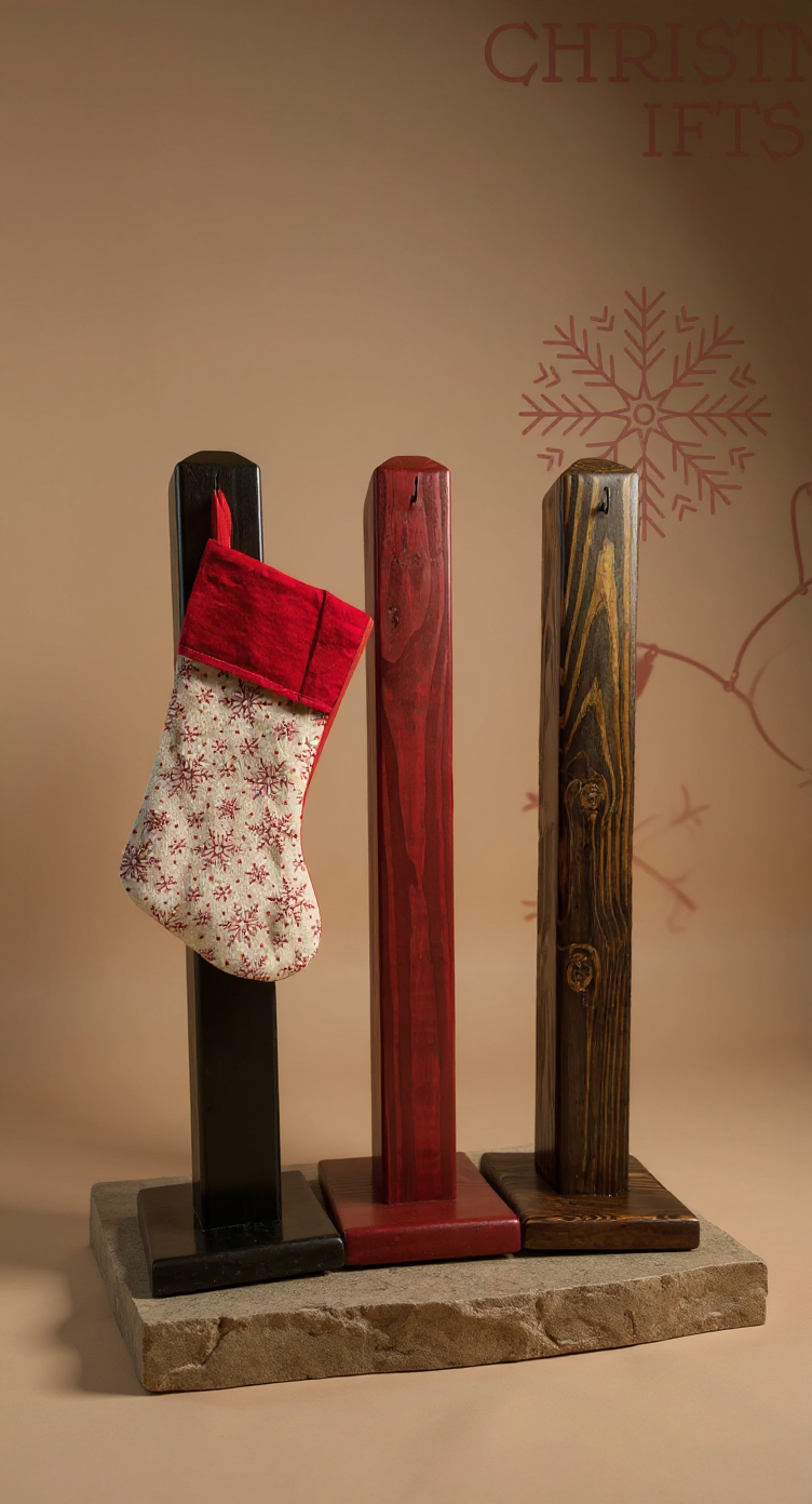 Three wooden stockings on a decorative stand with a beige background
