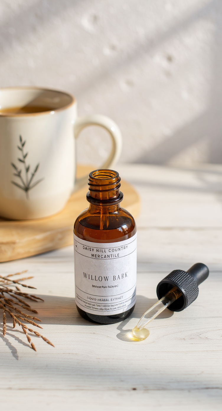 Bottle of Willow Bark tincture with dropper on a wooden surface with a mug in the background.