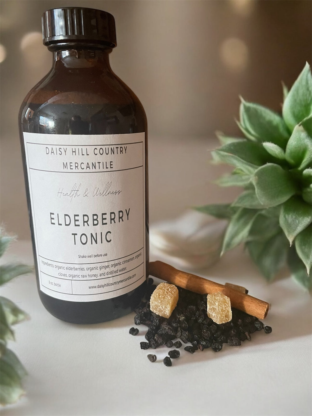 A dark amber glass bottle labeled 'Elderberry Tonic' with a white cap, alongside organic dried elderberries, honey, ginger, cinnamon sticks, and whole cloves, all placed on a white surface with a green plant in the background.