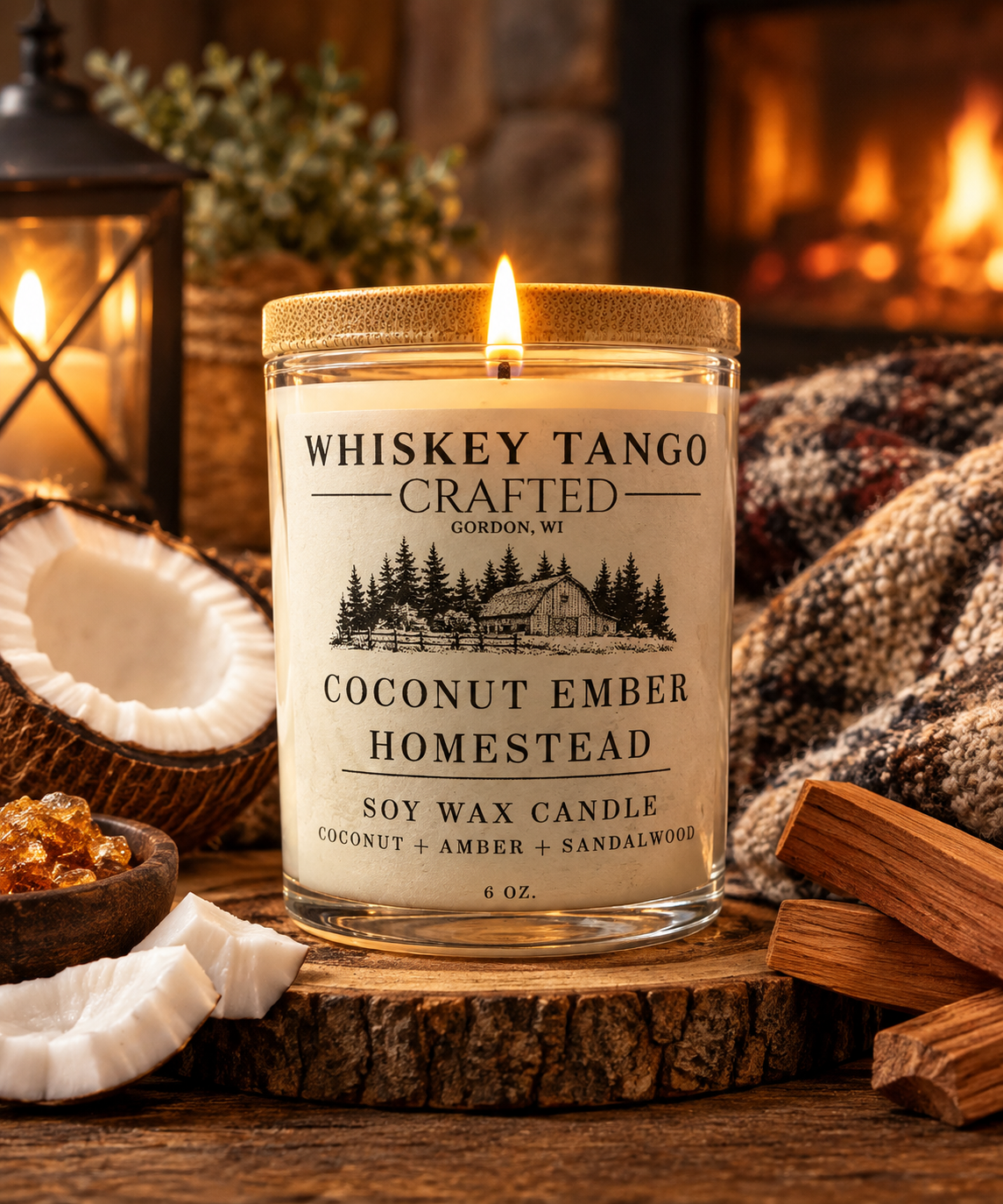 Bougie en cire de soja à la noix de coco, au bois de santal et à l’ambre, 6 oz, bougie-cadeau des Fêtes