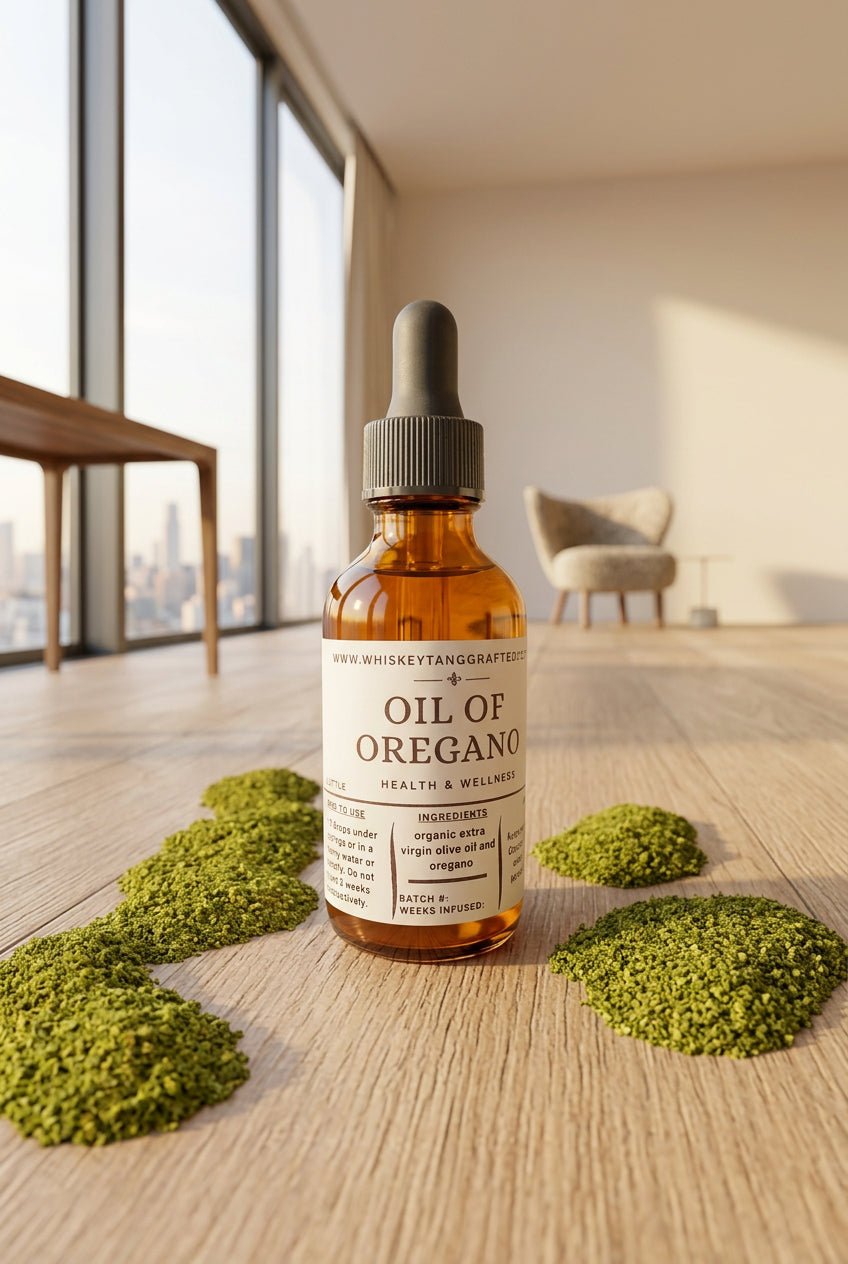 An amber glass dropper bottle labeled 'Oil of Oregano' by New Whiskey and Company, centered on a white background with green oregano powder arranged in decorative swirls around it.