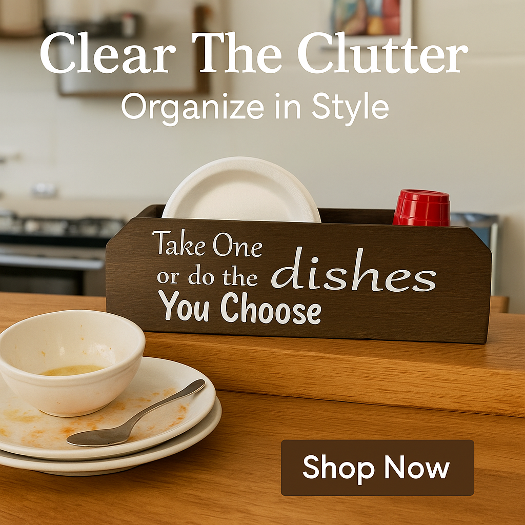 Decorative sign on a kitchen counter with text 'Clear The Clutter, Organize in Style' and 'Take One or do the dishes You Choose'.