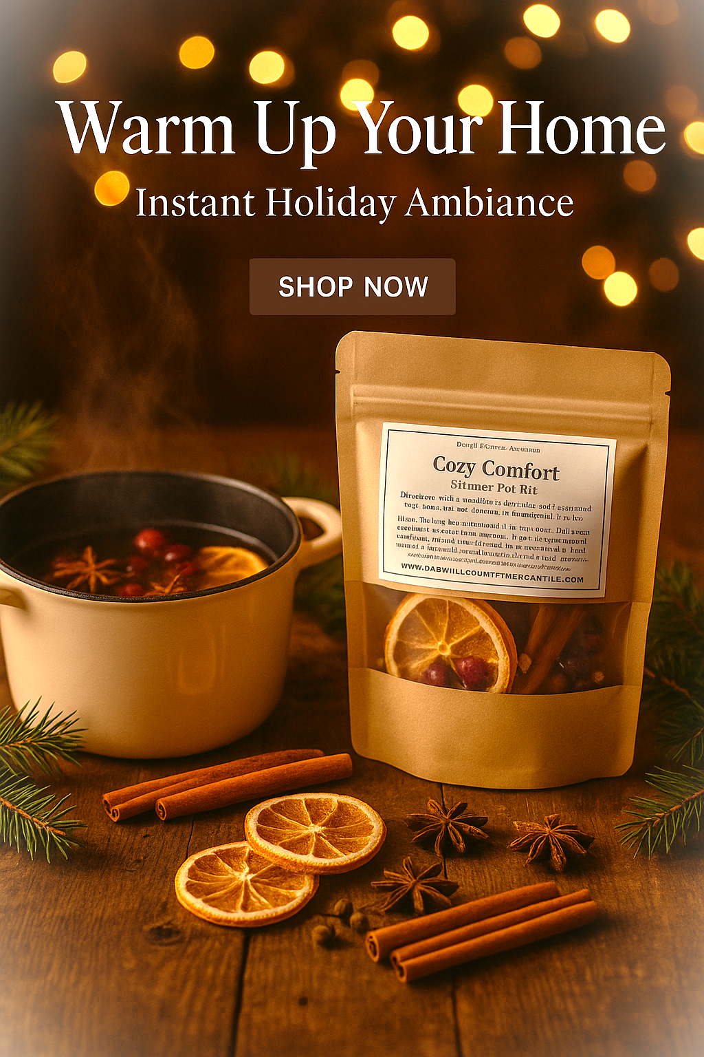 Crock of hot beverage with cinnamon and oranges on a wooden table, next to a package labeled 'Cozy Comfort'. Bokeh lights in the background. DYI simmer pot kit.
