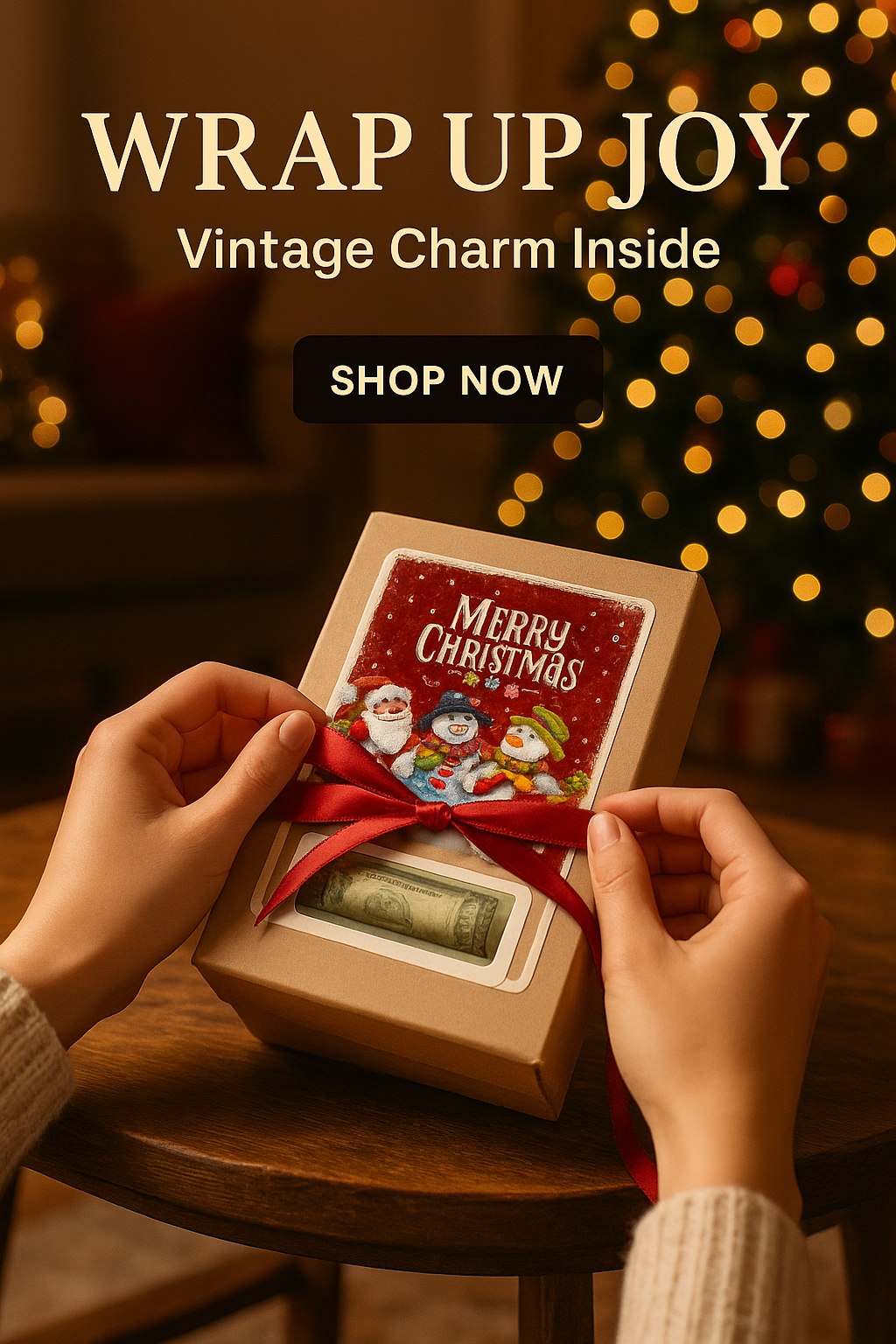 Person holding a gift box with a 'Merry Christmas' design, surrounded by festive lights.