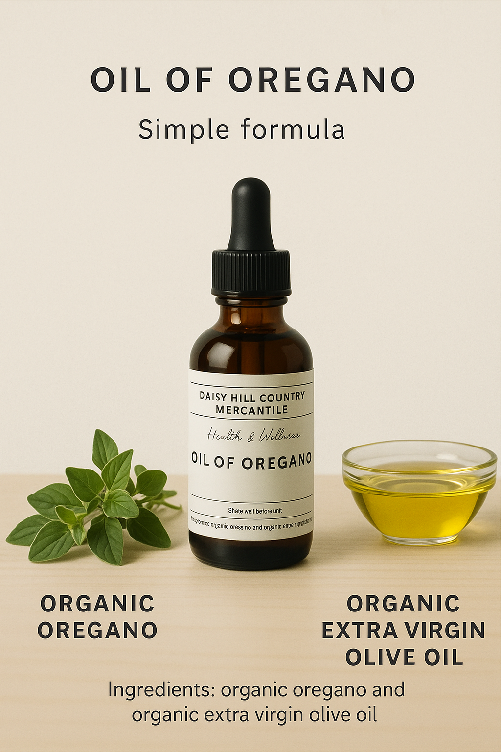 Bottle of Oil of Oregano with ingredients listed on a beige background