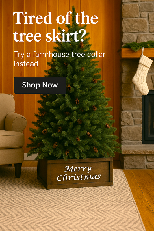 Decorated Christmas tree with a farmhouse tree collar in a living room setting.