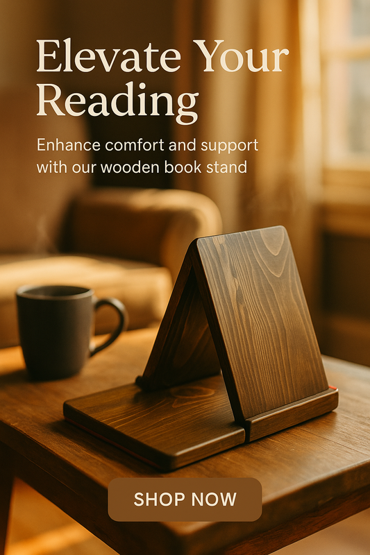 Wooden book stand on a table with a cup, text promoting the product, and 'Shop Now' button.