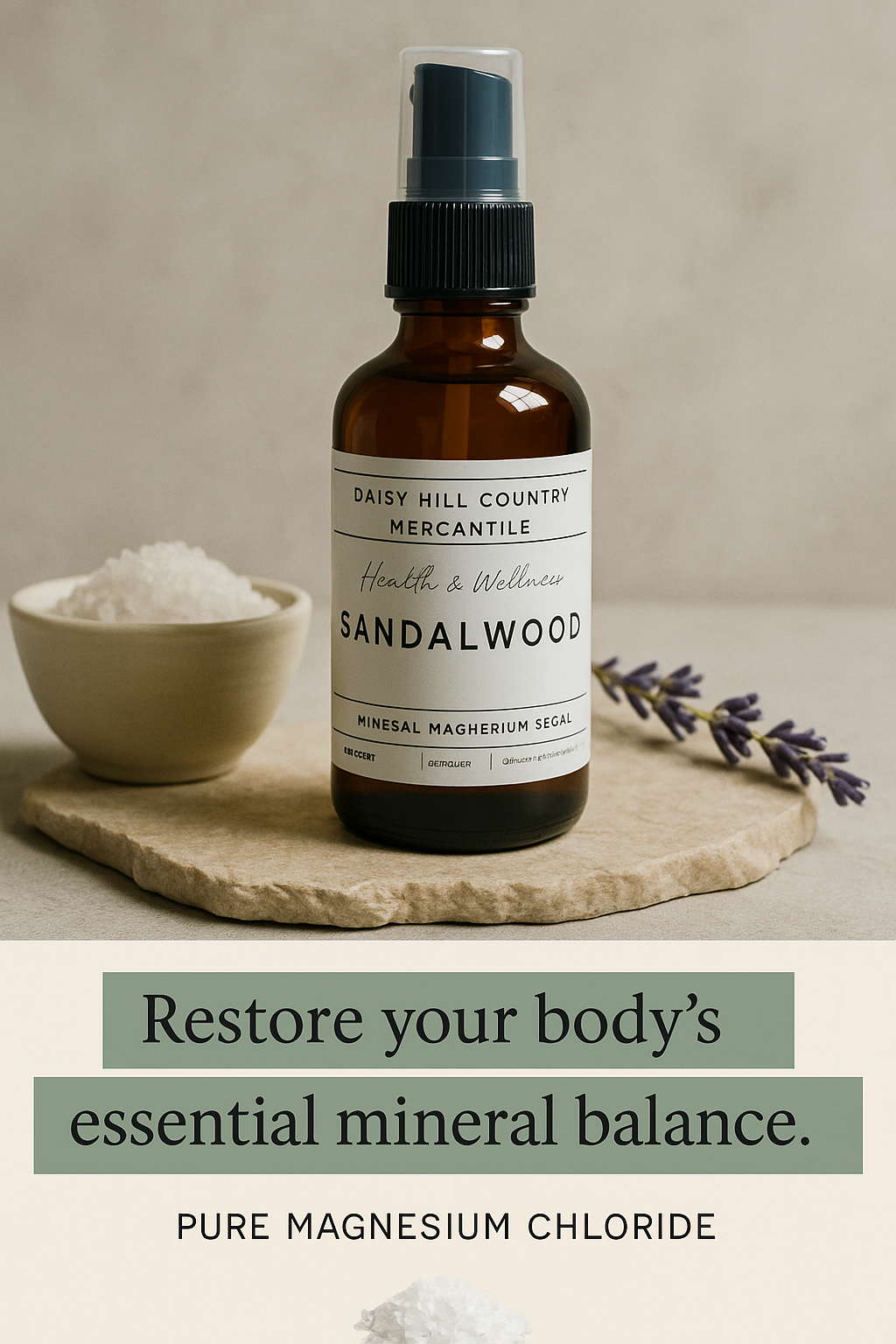 Magnesium spray products with a bowl of salt and lavender on a neutral background