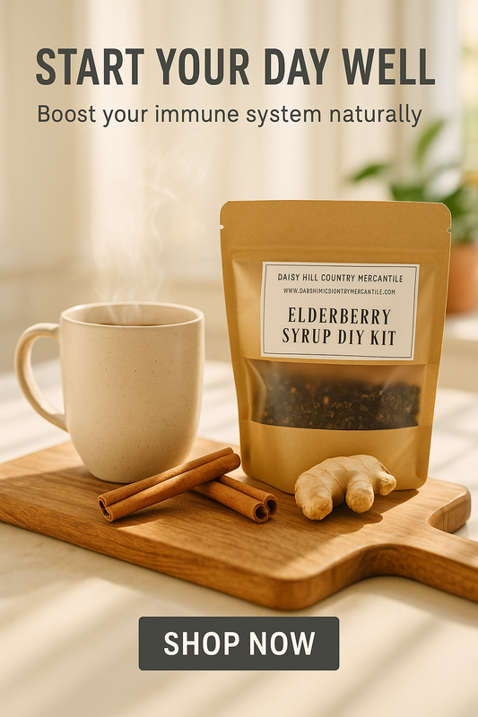 Elderberry syrup DIY kit with a mug and ingredients on a wooden board, promoting natural immune system boost.