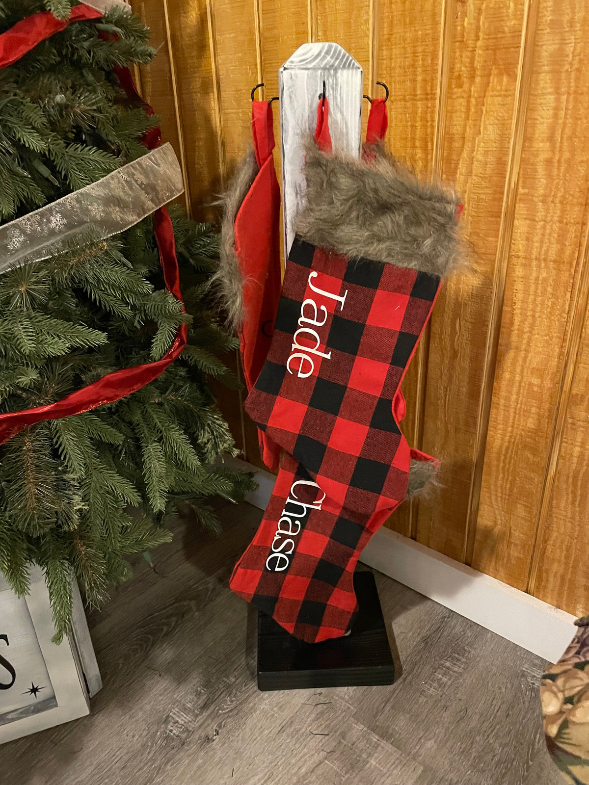 Farmhouse Stocking Holder Wood Post with hooks; Christmas Stocking Post with Hooks; Christmas Stocking Post; Rustic Christmas Decor